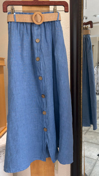 Bella Amore Skirt - Gulfside Breeze - Made in Italy (Button Front Midi Skirt w/ Raffia Belt)