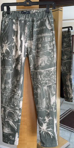 Flora Ashley Pants - Postcards from Florence - Made in Italy (Sage Architectural Print, Pull-On)