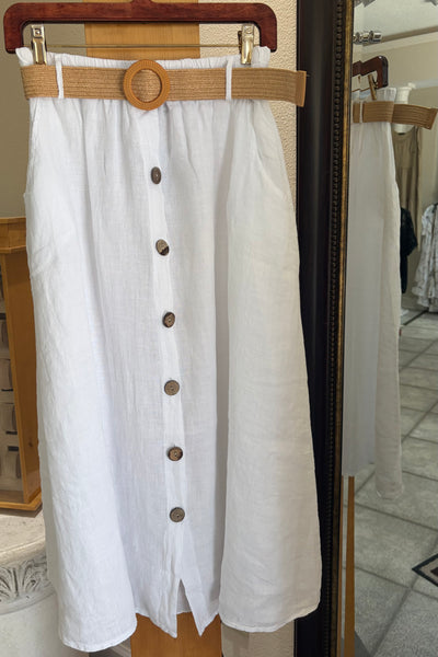 Bella Amore Skirt - Coastal Breeze - Made in Italy (Button Front Midi Skirt w/ Raffia Belt)