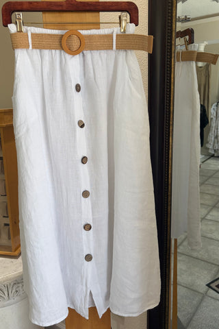 Bella Amore Skirt - Coastal Breeze - Made in Italy (Button-Front Midi Skirt w/ Raffia Belt)
