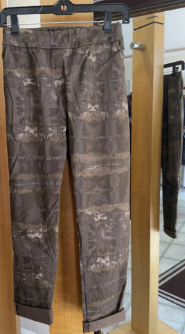 Flora Ashley Pants - Mocha Abstract - Made in Italy (Brown Tie-Dye, Pull-On)