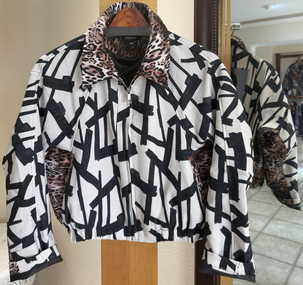 Damee Bomber Jacket - Art Meets Wild - Made in South Korea (Abstract Print w/ Leopard Trim)