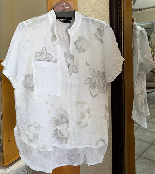 Bella Amore Blouse - Pearl Bloom - Made in Italy (Linen w/ White Floral)