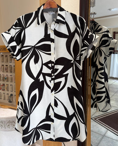 ADORE Dress - Monochrome Muse (Button-Front w/ Abstract Floral)