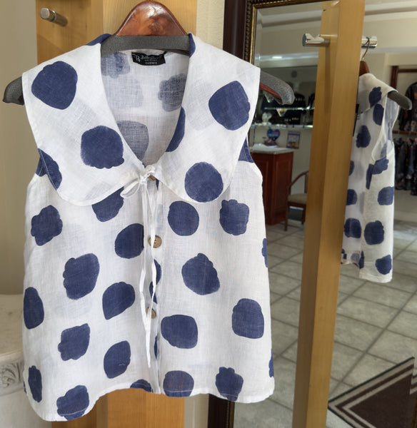 Bella Amore Blouse - Chasing Clouds - Made in Italy (Blue & White Polka Dot Sleeveless w/ Tie-Front)