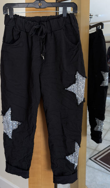 Bella Amore Pants - Starstruck - Made in Italy (Black w/ Silver Sequin Stars & Drawstring Waist)