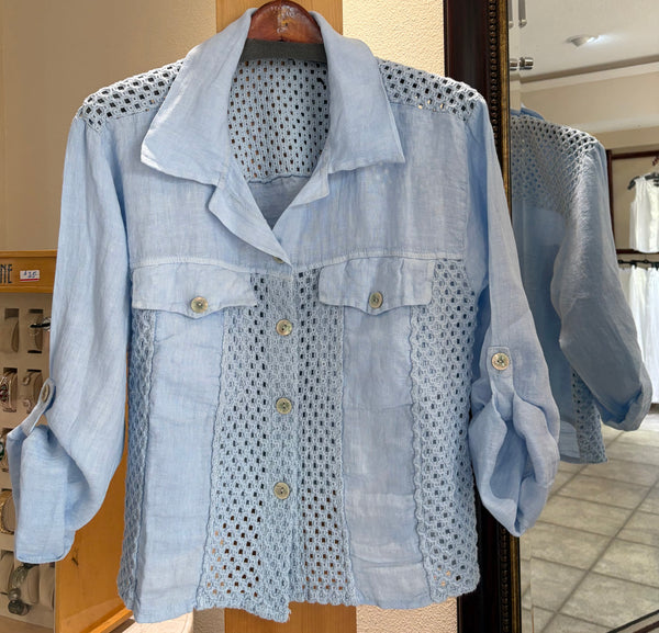 Bella Amore Blouse - Ocean Mist - Made in Italy (Open-Knit, Button-Front)