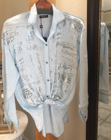 ZANNZA Couture Blouse - Graffiti - Made in Italy (Light Blue, Button-Down)