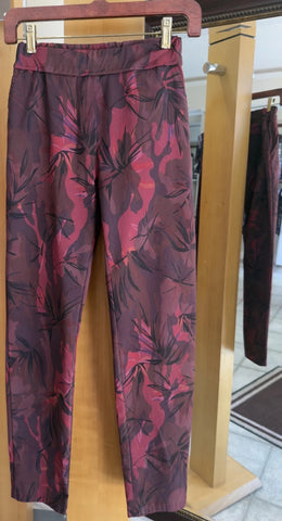 Flora Ashley Pants - Crimson Garden - Made in Italy (Burgundy & Pink Tropical Print, Pull-On)