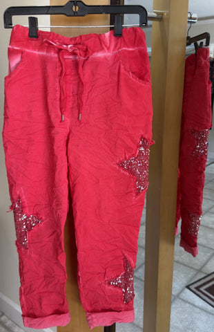 Bella Amore Pants - Starstruck - Made in Italy (Red w/ Red Sequin Stars & Drawstring Waist)
