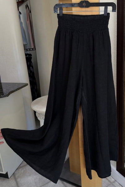 Bella Amore Palazzo Pants - Midnight Reverie - Made in Italy (Black Wide-Leg w/ Smocked Waist)