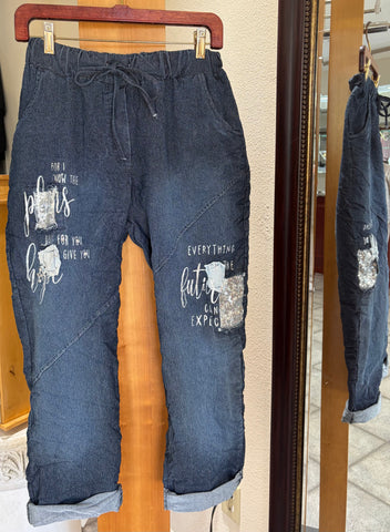 Bella Amore Pants - Future Script - Made in Italy (Y2K Dark Denim w Graffiti + Sequins)
