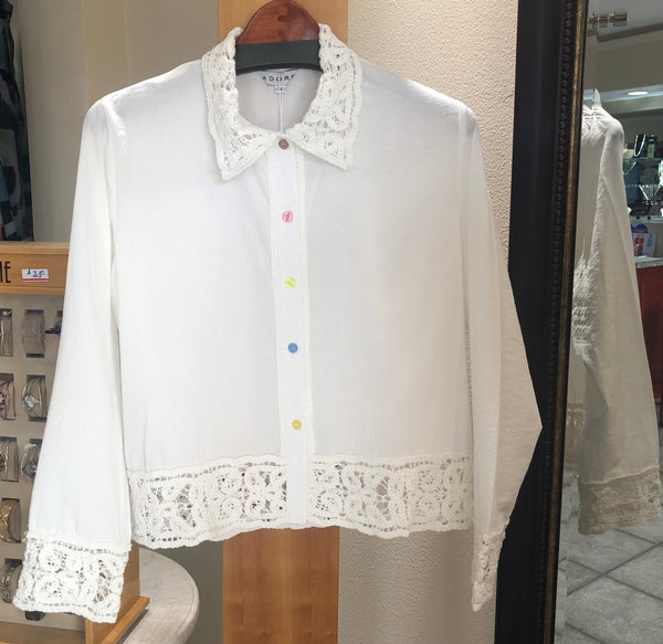 ADORE Blouse - Gardenias (White Lace Trim Button-Down w/ Colorful Buttons)
