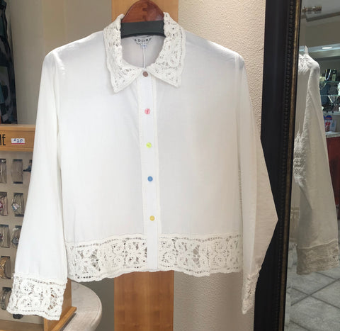 ADORE Blouse - Gardenias (White Lace Trim Button-Down w/ Colorful Buttons)
