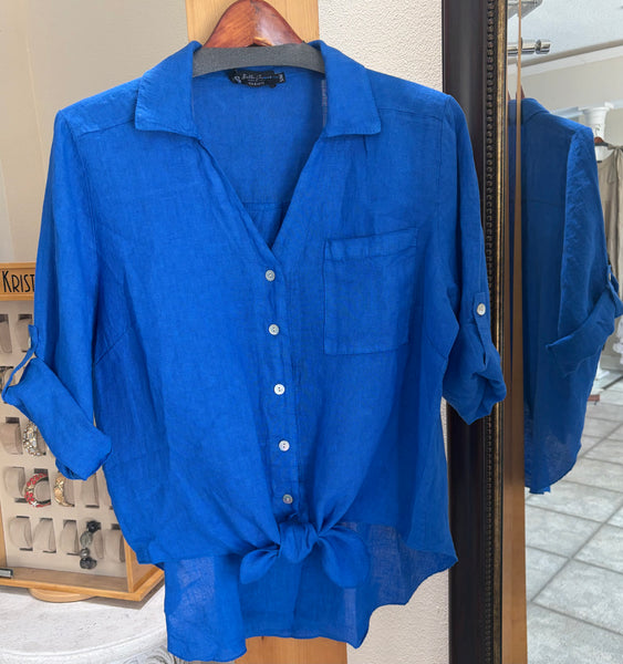 Bella Amore Blouse - Mariana Trench - Made in Italy (Button Front w/ Tie)