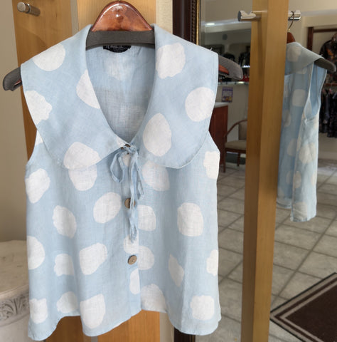 Bella Amore Blouse - Chasing Clouds - Made in Italy (Pastel Blue & White Polka Dot Sleeveless w/ Tie-Front)