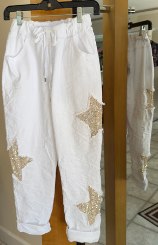 Bella Amore Pants - Starstruck - Made in Italy (White w/ Gold Sequin Stars & Drawstring Waist)
