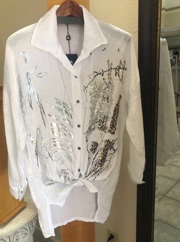 ZANNZA Couture Blouse - Leopard Print - Made in Italy (Button-Down w/ White Rhinestones)