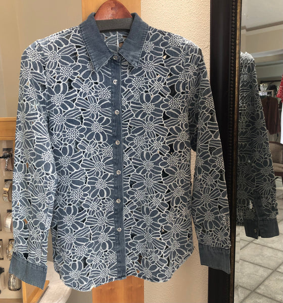 ADORE - Indigo Blooms (Floral Crochet Long Sleeve Button-Front)