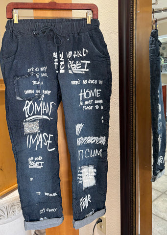 Bella Amore Pants - Urban Script - Made in Italy (Y2K Dark Denim w/ Graffiti)